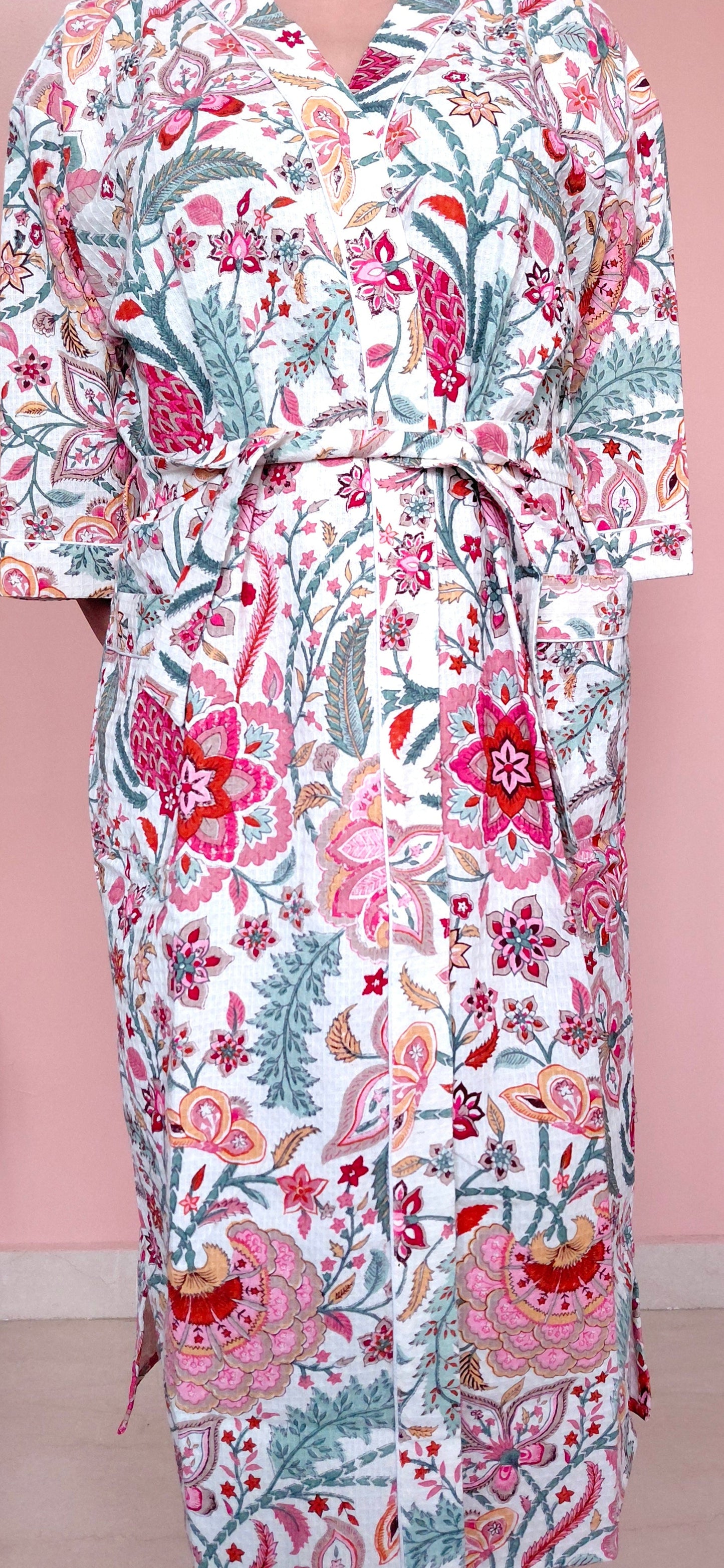 Cotton Handblock Print Bathrobe - Pink Passion