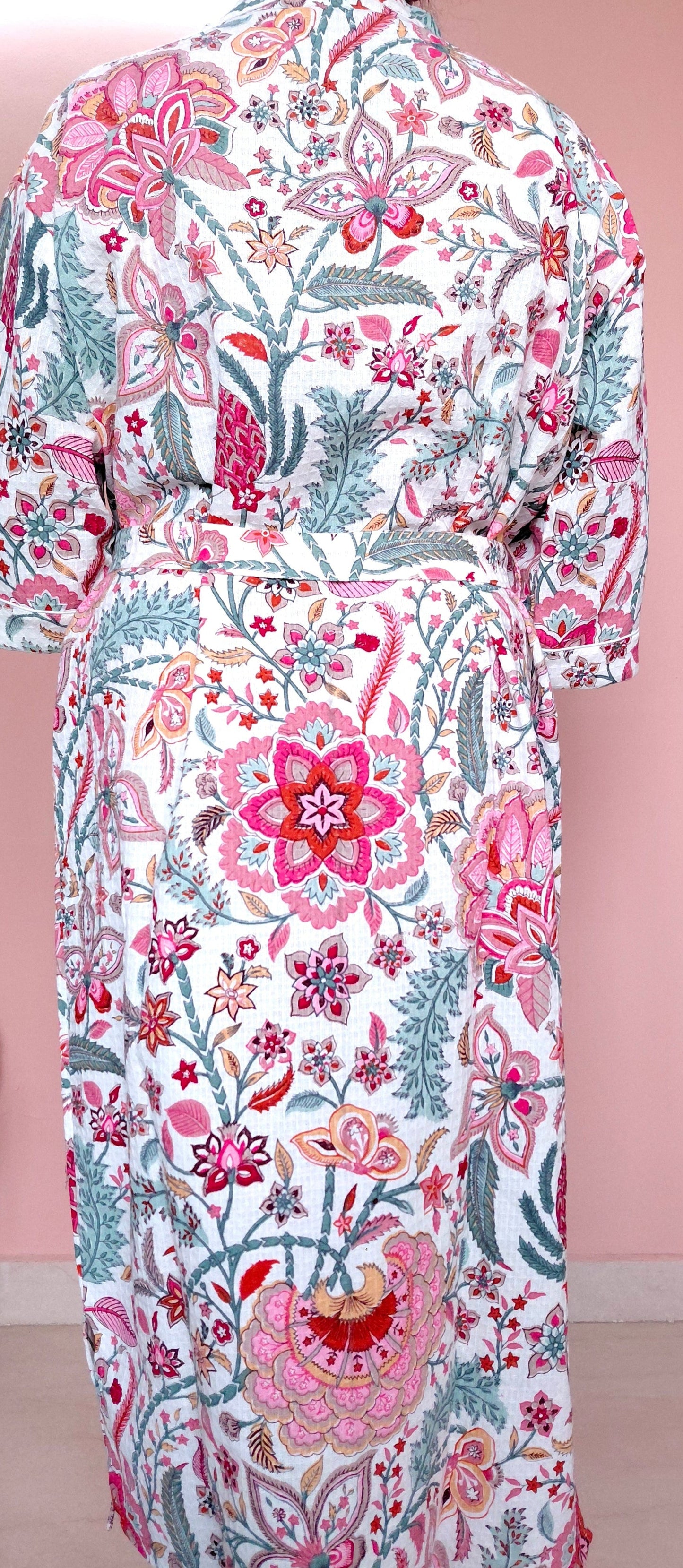 Cotton Handblock Print Bathrobe - Pink Passion