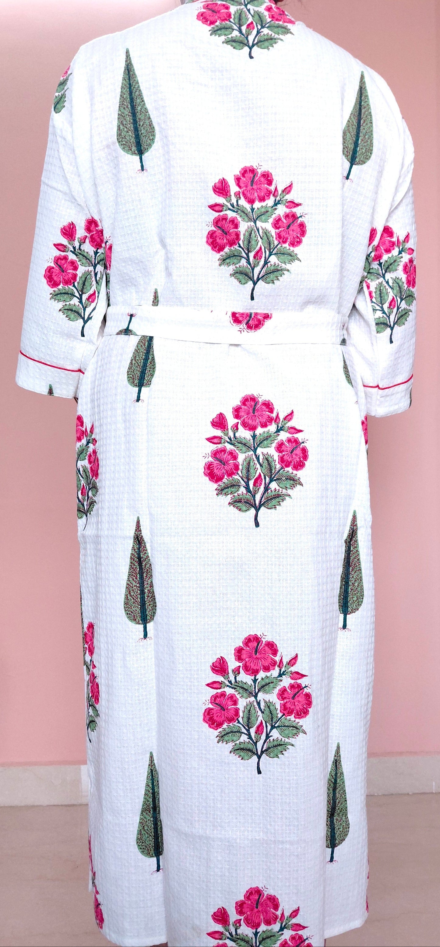 Cotton Handblock Print Bathrobe - Rosewood