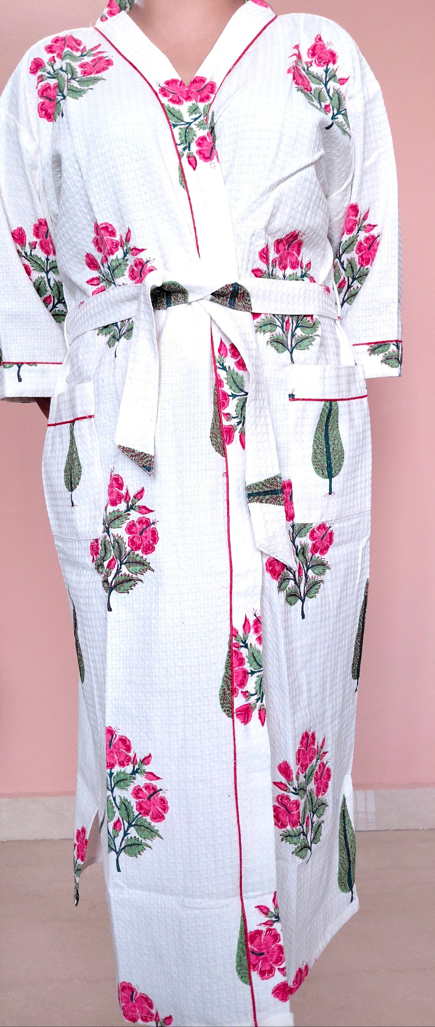 Cotton Handblock Print Bathrobe - Rosewood
