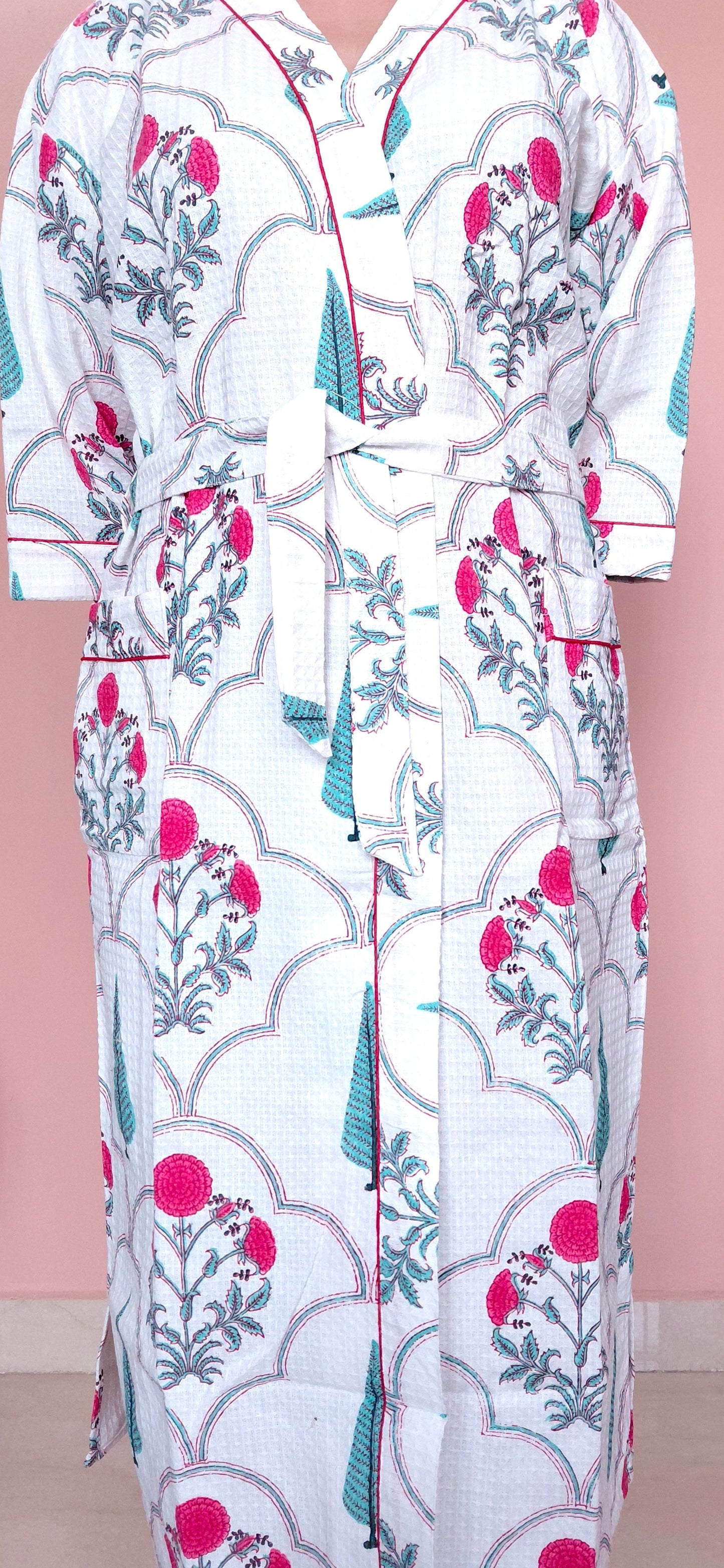 Cotton Handblock Print Bathrobe - Emerald