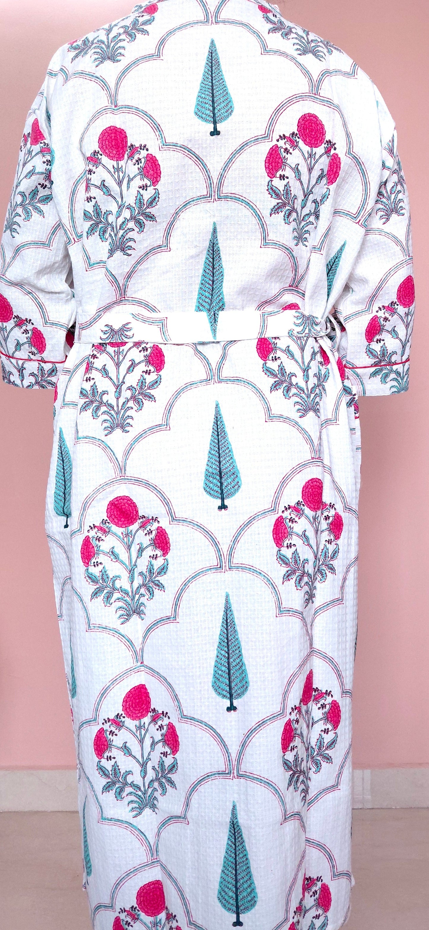 Cotton Handblock Print Bathrobe - Emerald
