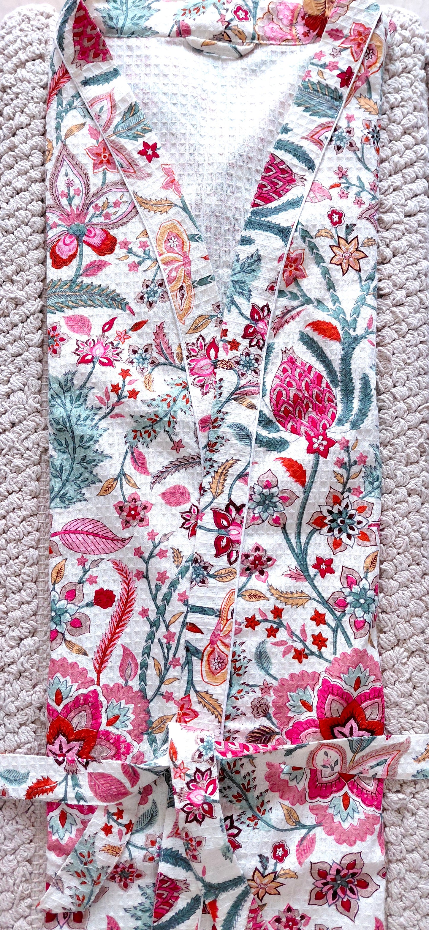 Cotton Handblock Print Bathrobe - Pink Passion