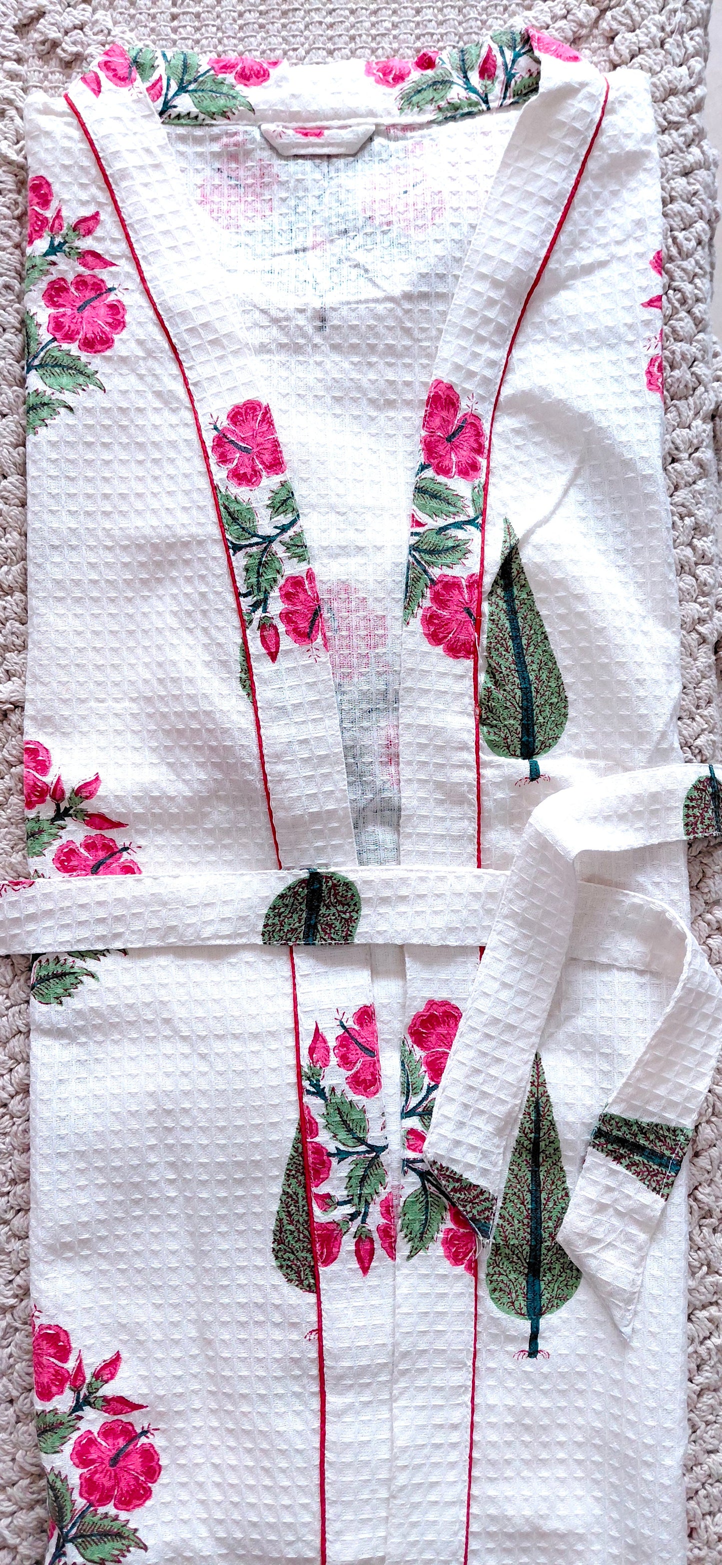 Cotton Handblock Print Bathrobe - Rosewood