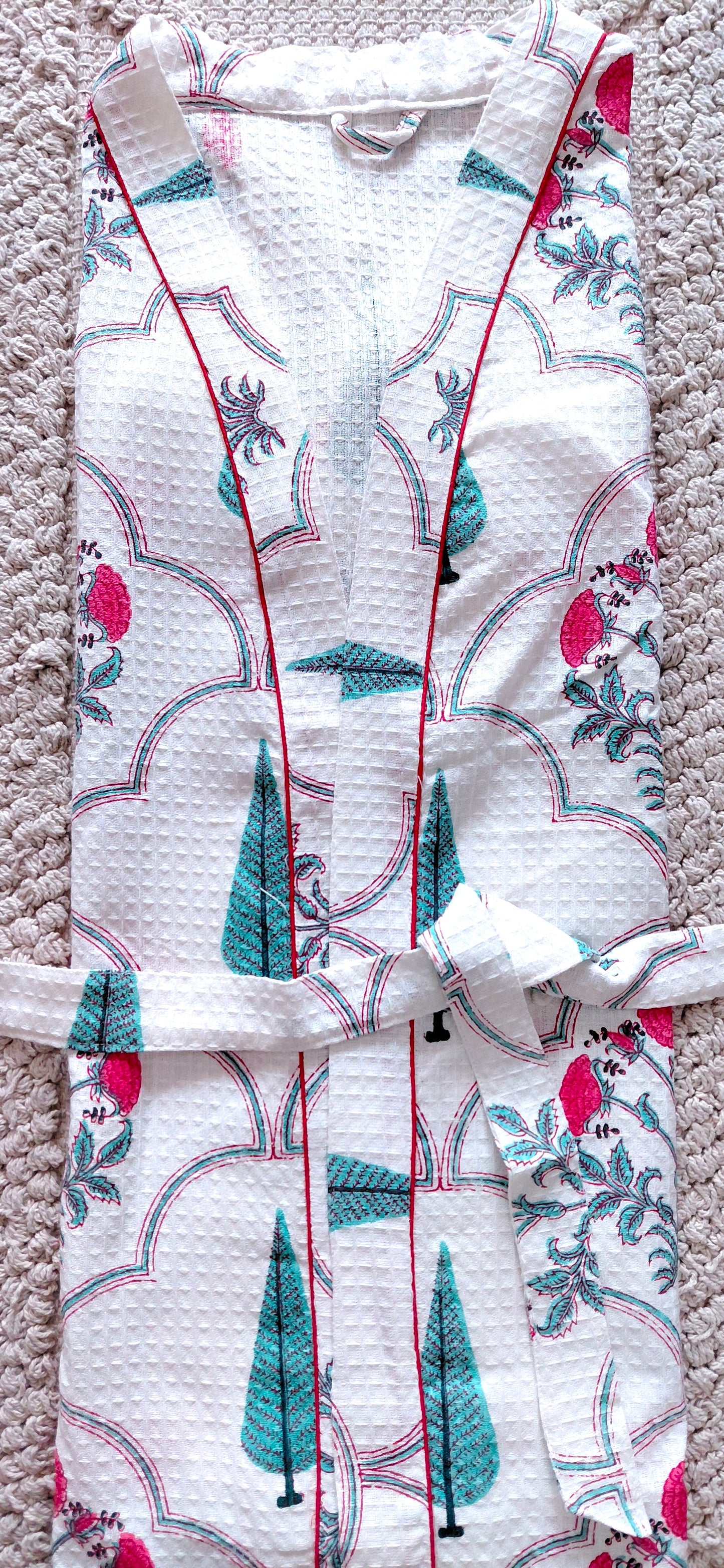 Cotton Handblock Print Bathrobe - Emerald