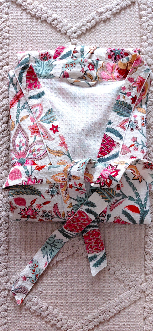 Cotton Handblock Print Bathrobe - Pink Passion