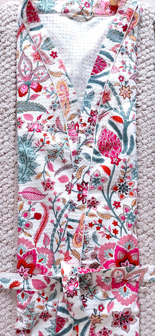 Cotton Handblock Print Bathrobe - Pink Passion