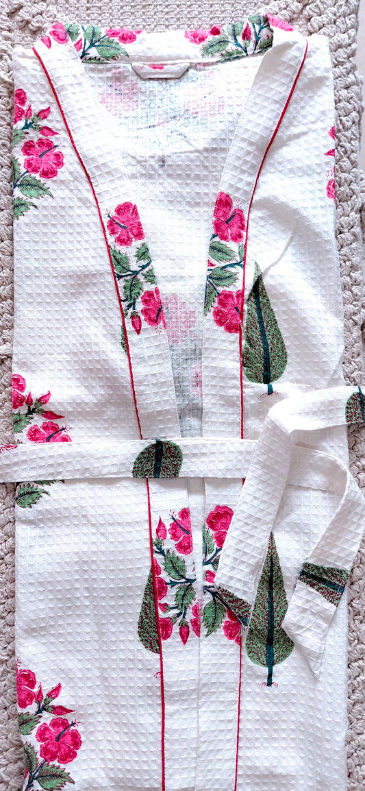 Cotton Handblock Print Bathrobe - Rosewood