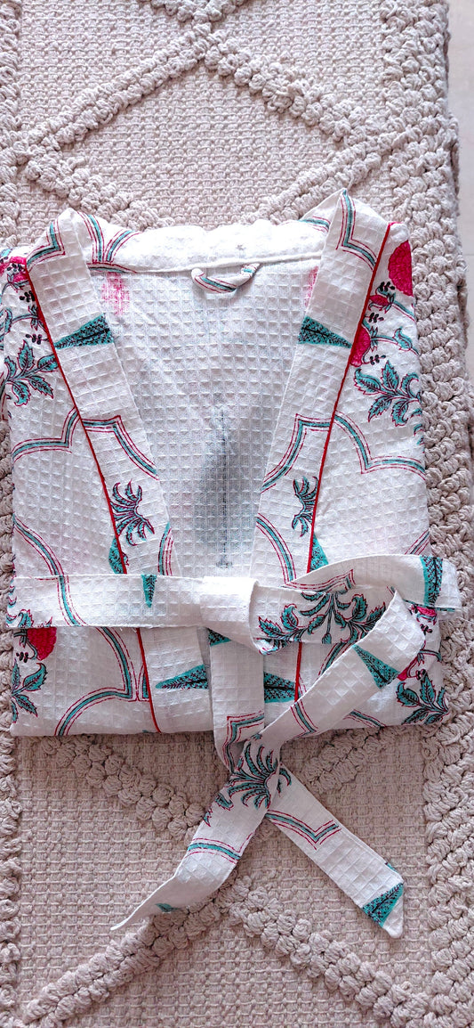 Cotton Handblock Print Bathrobe - Emerald